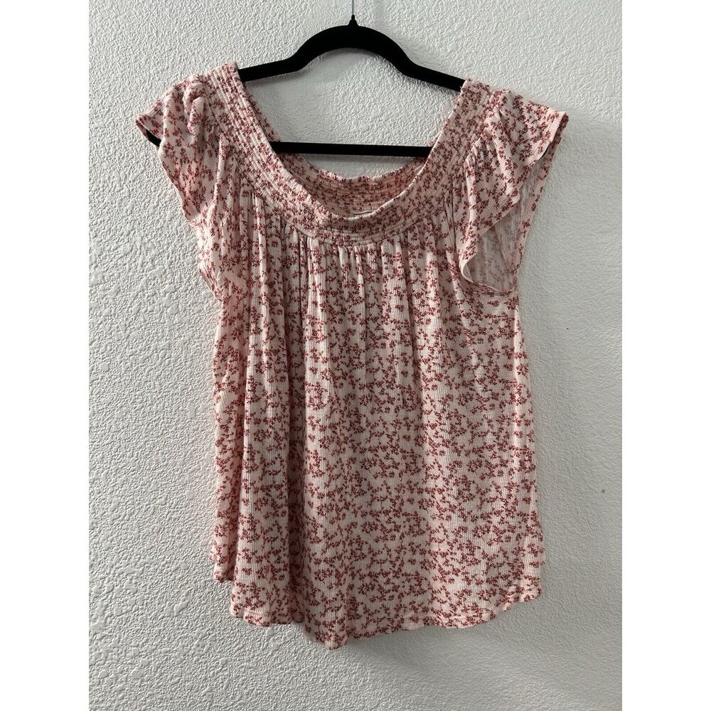 Cape Juby Shirt Womens Sz XS Red Floral Boat Neck Off Shoulder Flowy Blouse